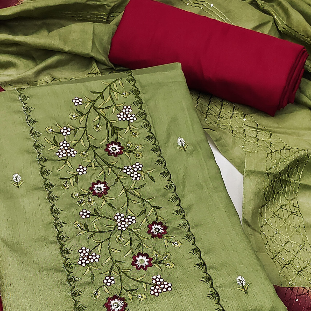 Sparkling Blooms Green Cotton Blend Dress Material With Sequin Embellishments