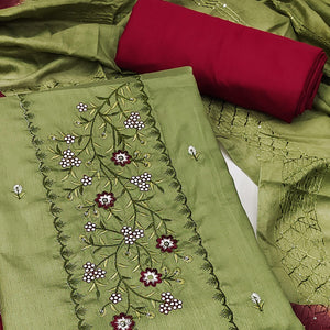 Sparkling Blooms Green Cotton Blend Dress Material With Sequin Embellishments