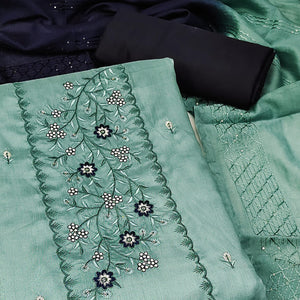 Soft Glow Pale Turquoise Dress Material With Threaded Florals & Sequin Accents