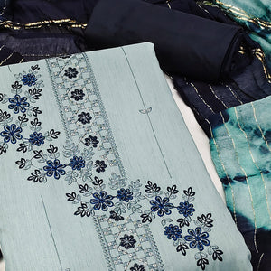 Bluish Grey Cotton Blend Dress Material With Delicate Floral Thread & Sequin Embellishments