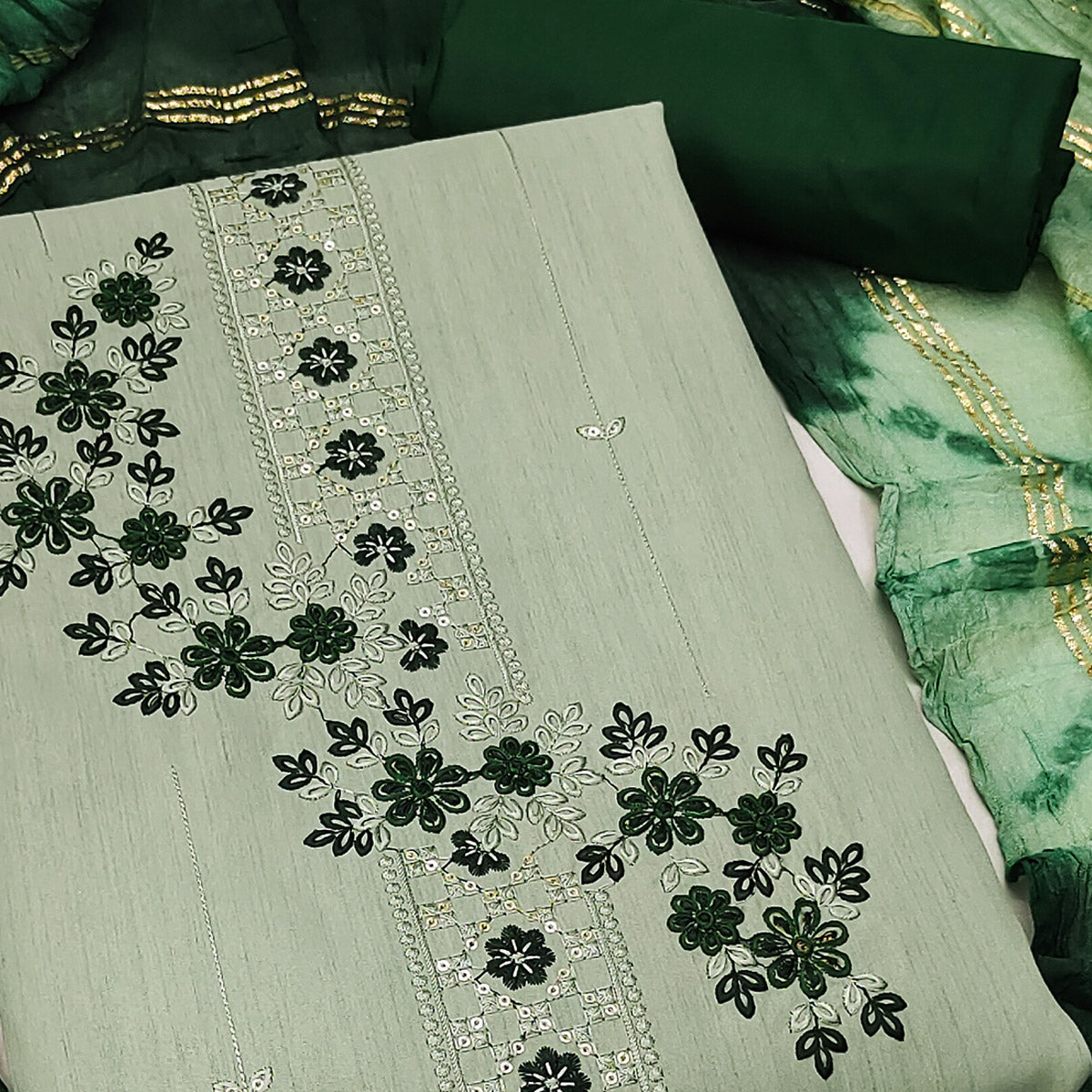 Green Cotton Blend Dress Material With Delicate Floral Thread & Sequin Embellishments