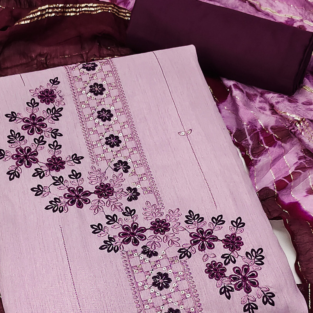 Light Purple Cotton Blend Dress Material With Delicate Floral Thread & Sequin Embellishments