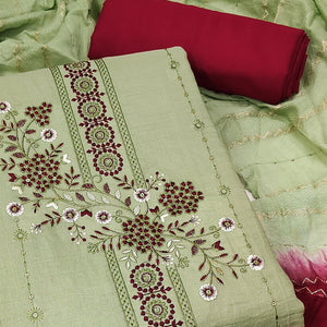 Graceful Green Cotton Blend Dress Material With Embroidered Florals And Sequin Accents