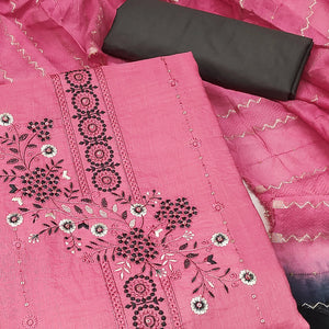 Pink Blossom Cotton Blend Dress Material With Thread Work And Sparkling Sequins