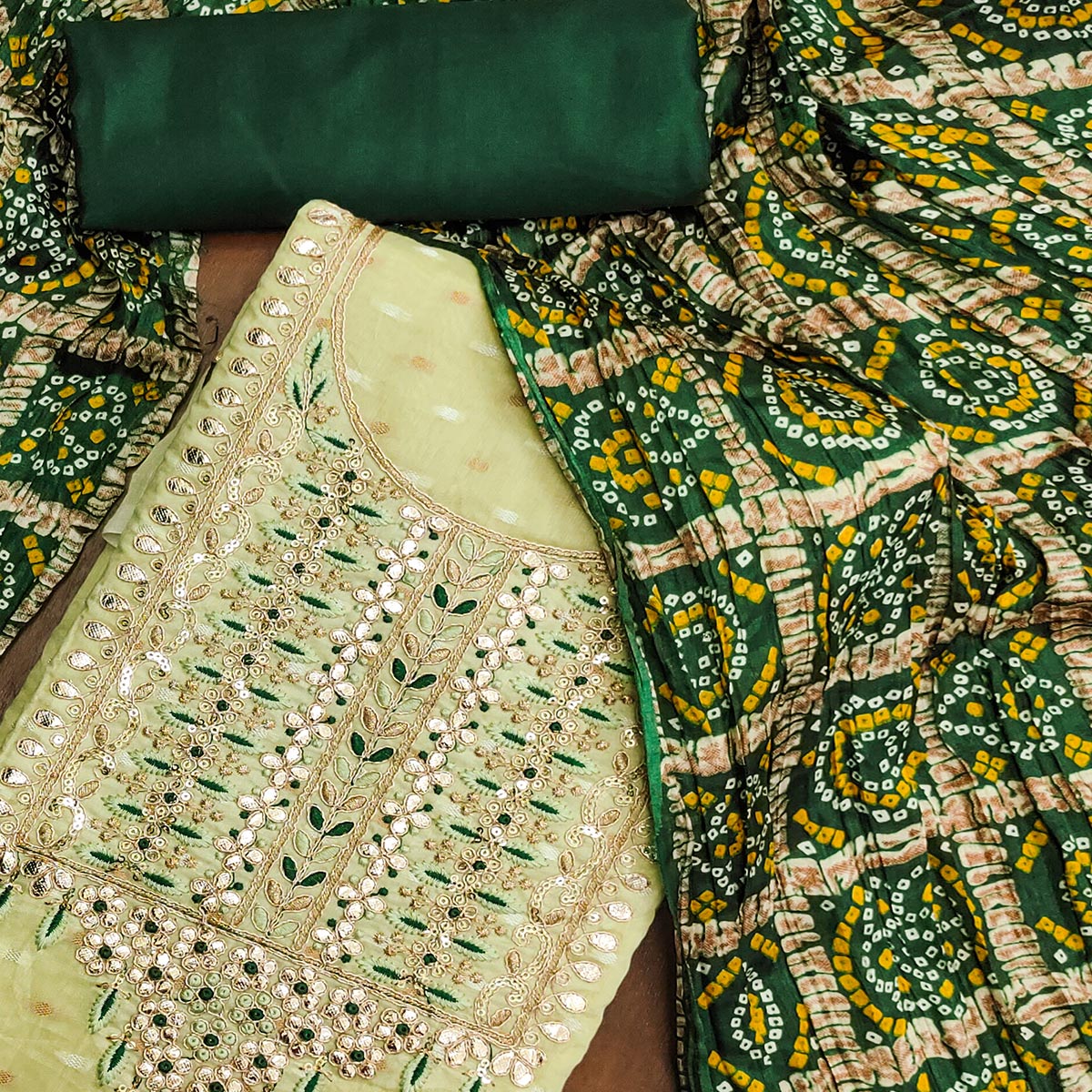 Green Woven With Gota Work Jacquard Dress Material