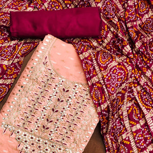 Peach Woven With Gota Work Jacquard Dress Material