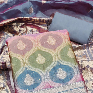 Bluyish Grey Organza Banarasi Silk Dress Material With Zari & Sparkling Stone Embellishments