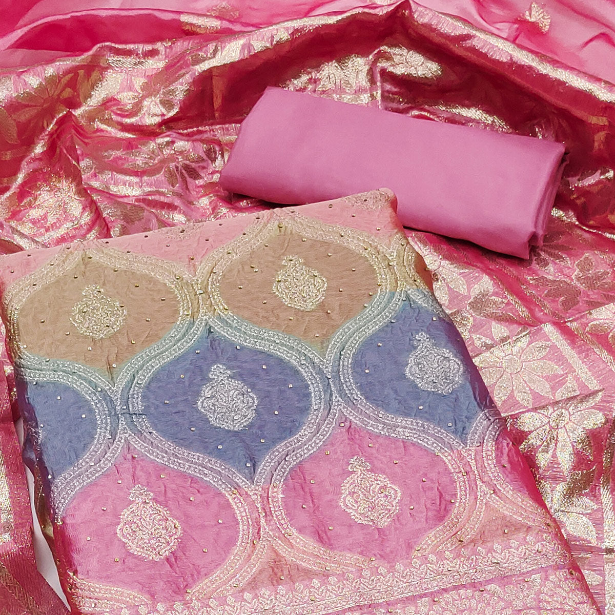 Pink Organza Banarasi Silk Dress Material With Zari & Sparkling Stone Embellishments