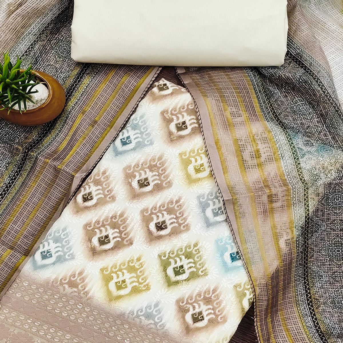White & Matte Beige Dress Material In Cotton Blend With Delicate Digital Print & Sifli Embroidery Work