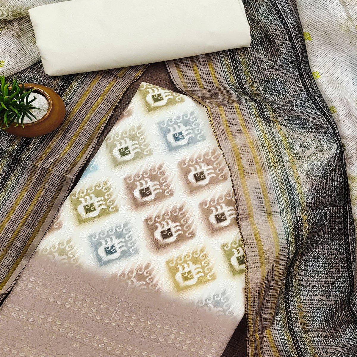 White & Brown Dress Material In Cotton Blend With Delicate Digital Print & Sifli Embroidery Work