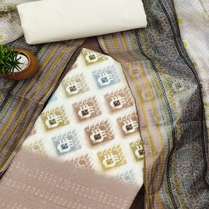 White & Brown Dress Material In Cotton Blend With Delicate Digital Print & Sifli Embroidery Work