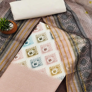 White & Pale Dusty Peach Dress Material In Cotton Blend With Delicate Digital Print & Sifli Embroidery Work