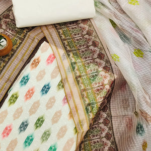 White & Beige Schiffli Embroidered Cotton Blend Dress Material With Digital Print