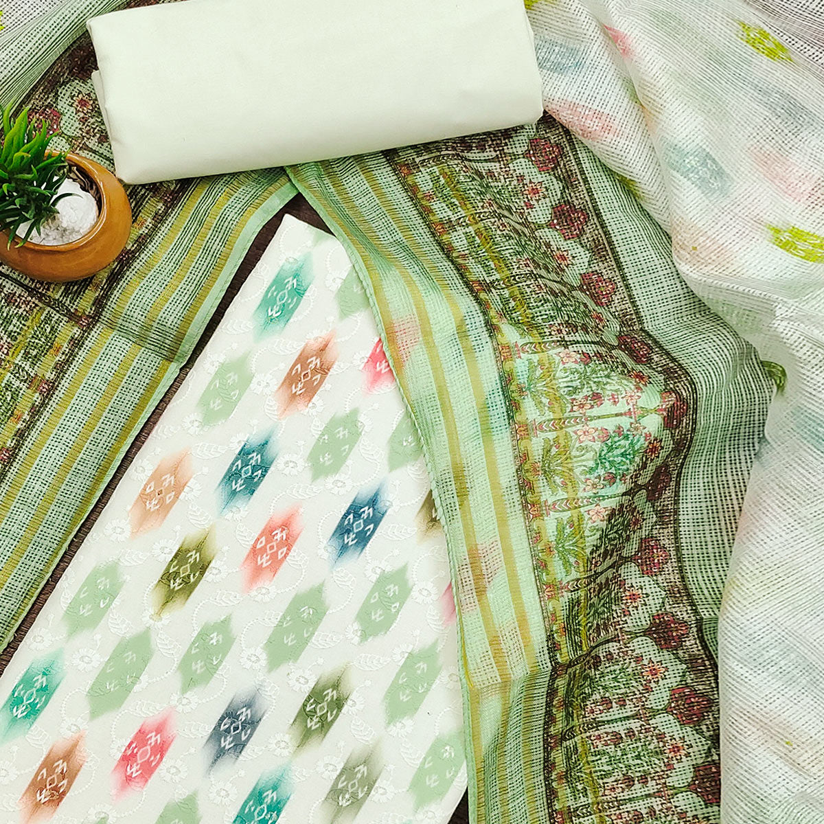 White & Green Schiffli Embroidered Cotton Blend Dress Material With Digital Print