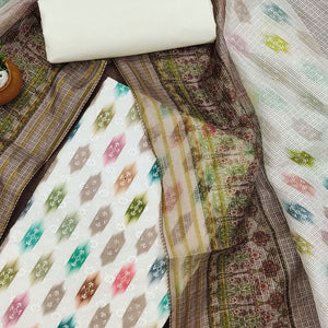 White & Taupe Schiffli Embroidered Cotton Blend Dress Material With Digital Print