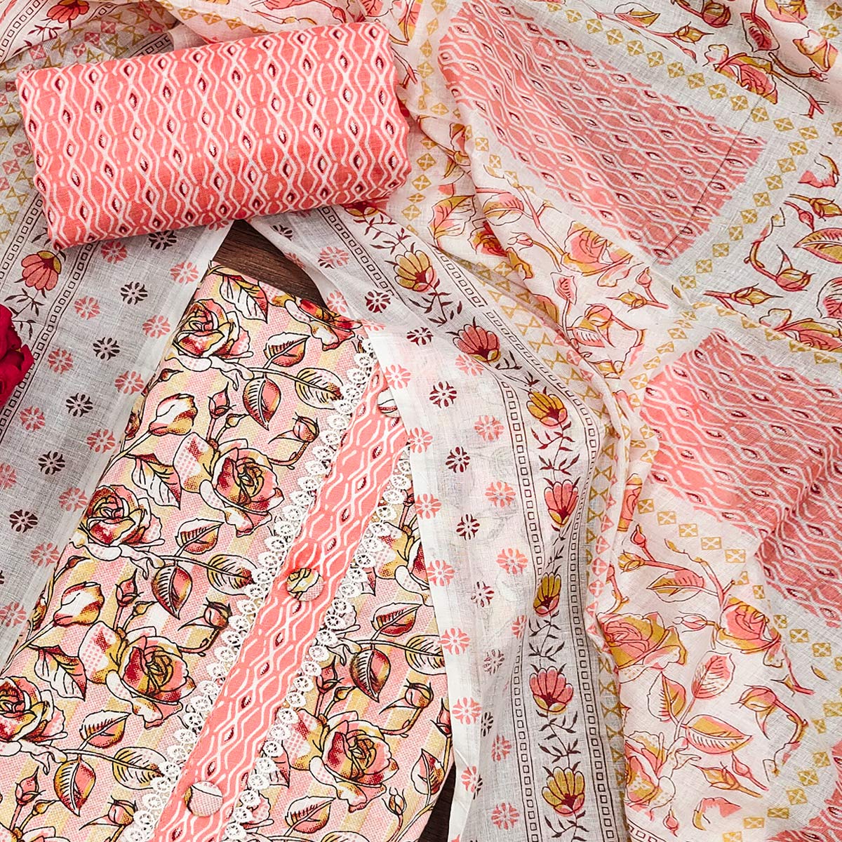 Peach Floral Printed Cotton Blend Dress Material