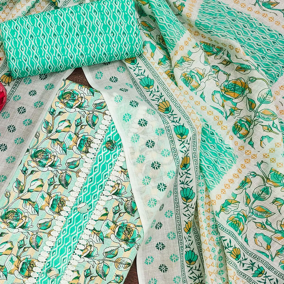 Sea Green Floral Printed Cotton Blend Dress Material