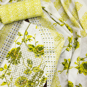 White & Green Floral Printed With Sequins Work Cotton Blend Dress Material