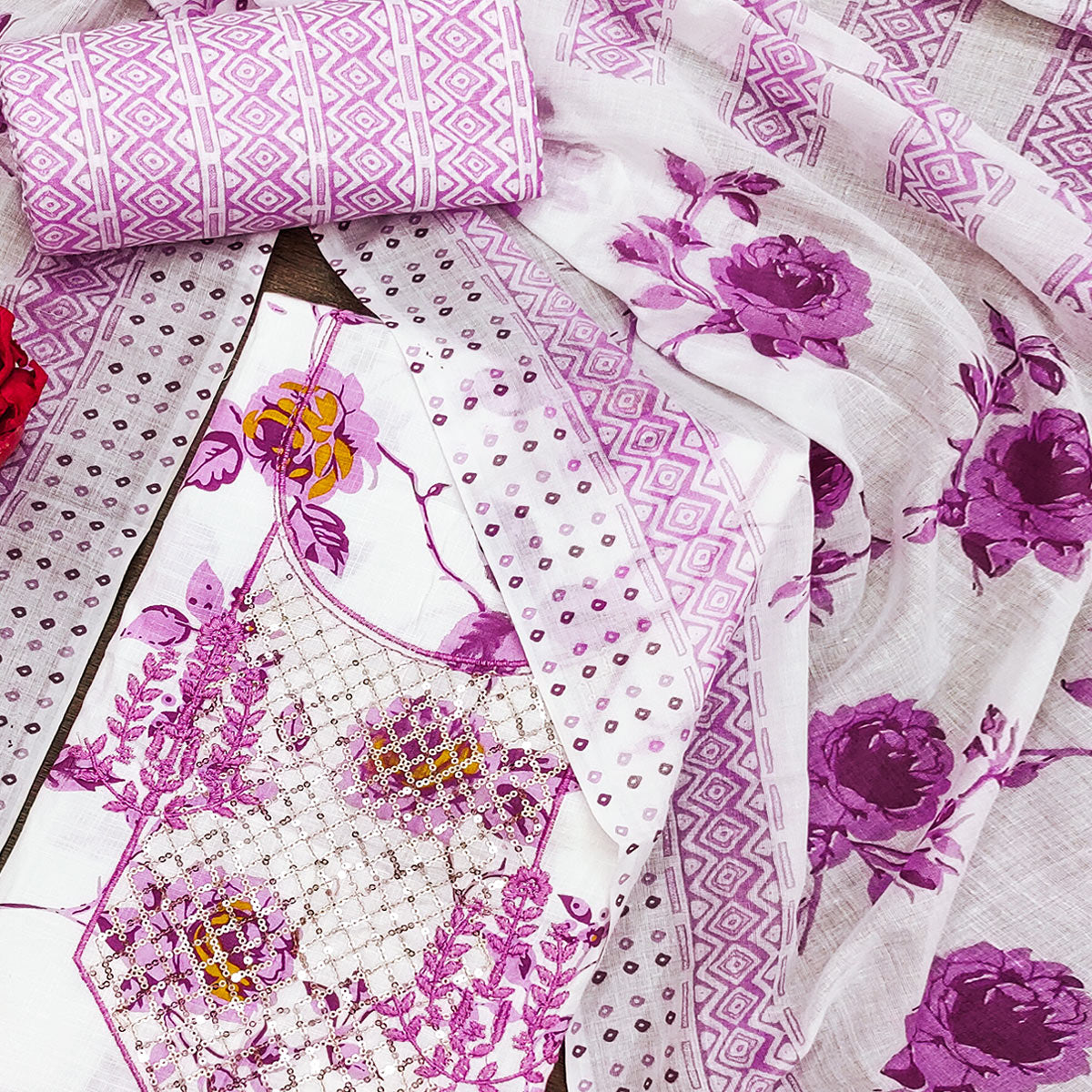 White & Purple Floral Printed With Sequins Work Cotton Blend Dress Material