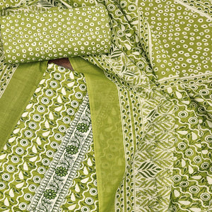 Green Printed With Embroidered Cotton Blend Dress Material