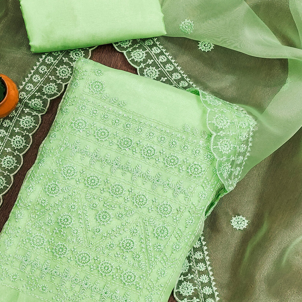 Pista Green Organza Dress Material With Sequins & Floral Thread Embroidery