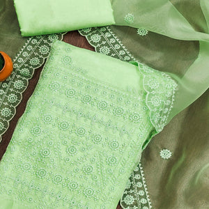 Pista Green Organza Dress Material With Sequins & Floral Thread Embroidery