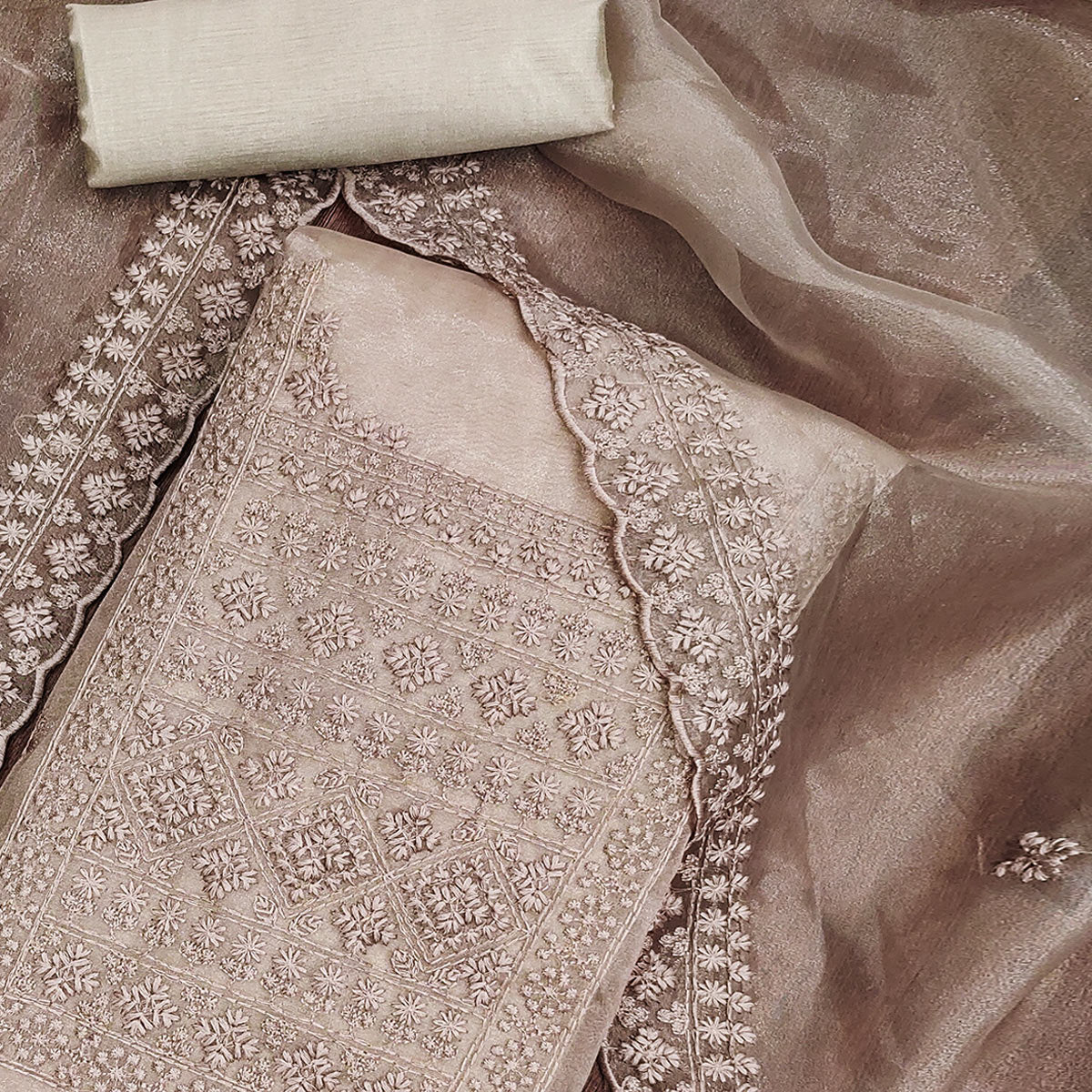 Taupe Organza Dress Material With Sequins & Floral Thread Embroidery