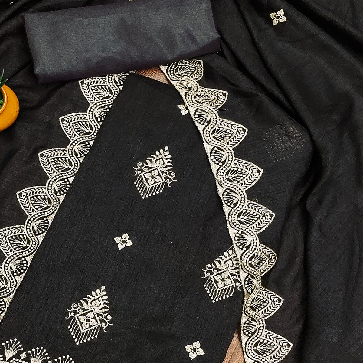 Black Vichitra Silk Dress Material With Intricate Floral Zari Embroidery