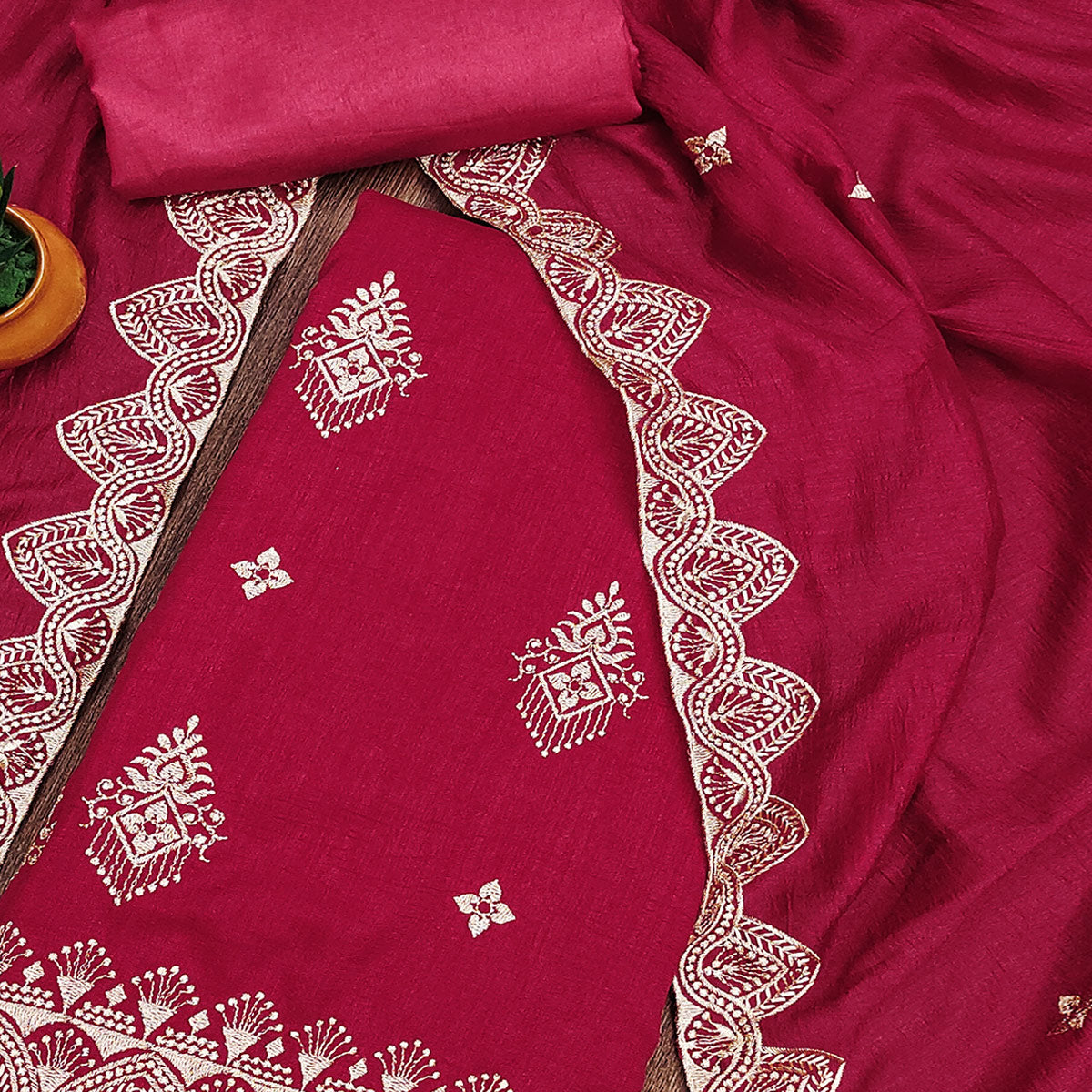 Pink Vichitra Silk Dress Material With Intricate Floral Zari Embroidery