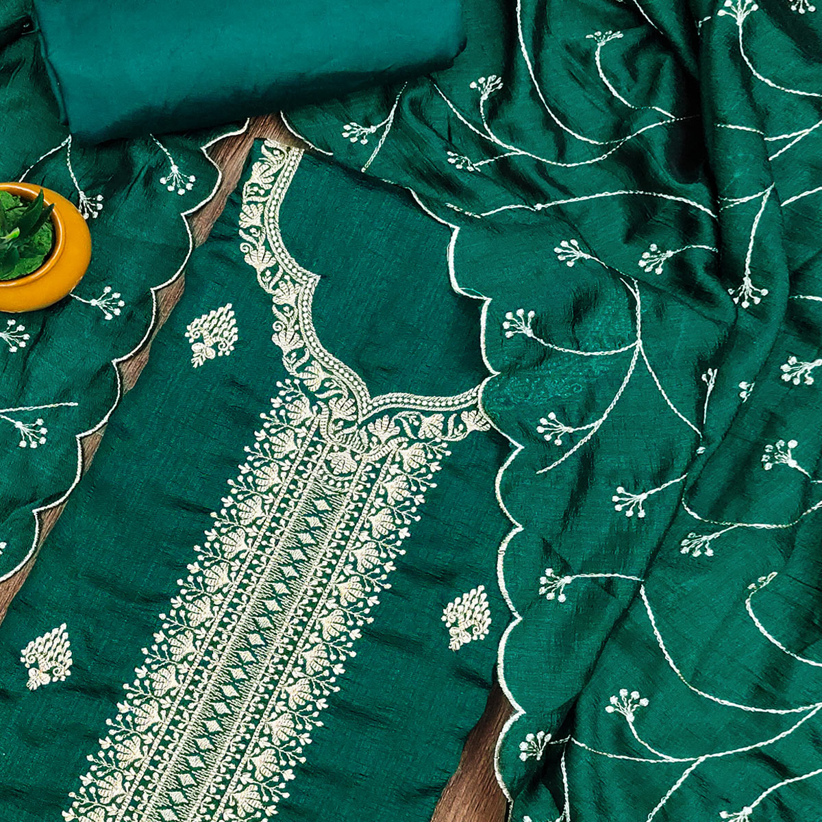 Green Vichitra Silk Dress Material with Graceful Floral Zari Embroidery