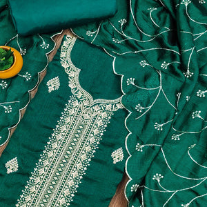 Green Vichitra Silk Dress Material with Graceful Floral Zari Embroidery