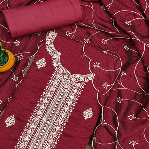 Maroon Vichitra Silk Dress Material with Graceful Floral Zari Embroidery
