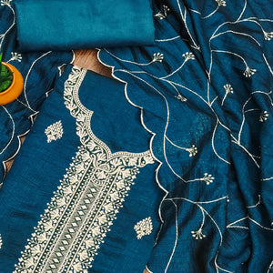 Morpich Blue Vichitra Silk Dress Material with Graceful Floral Zari Embroidery