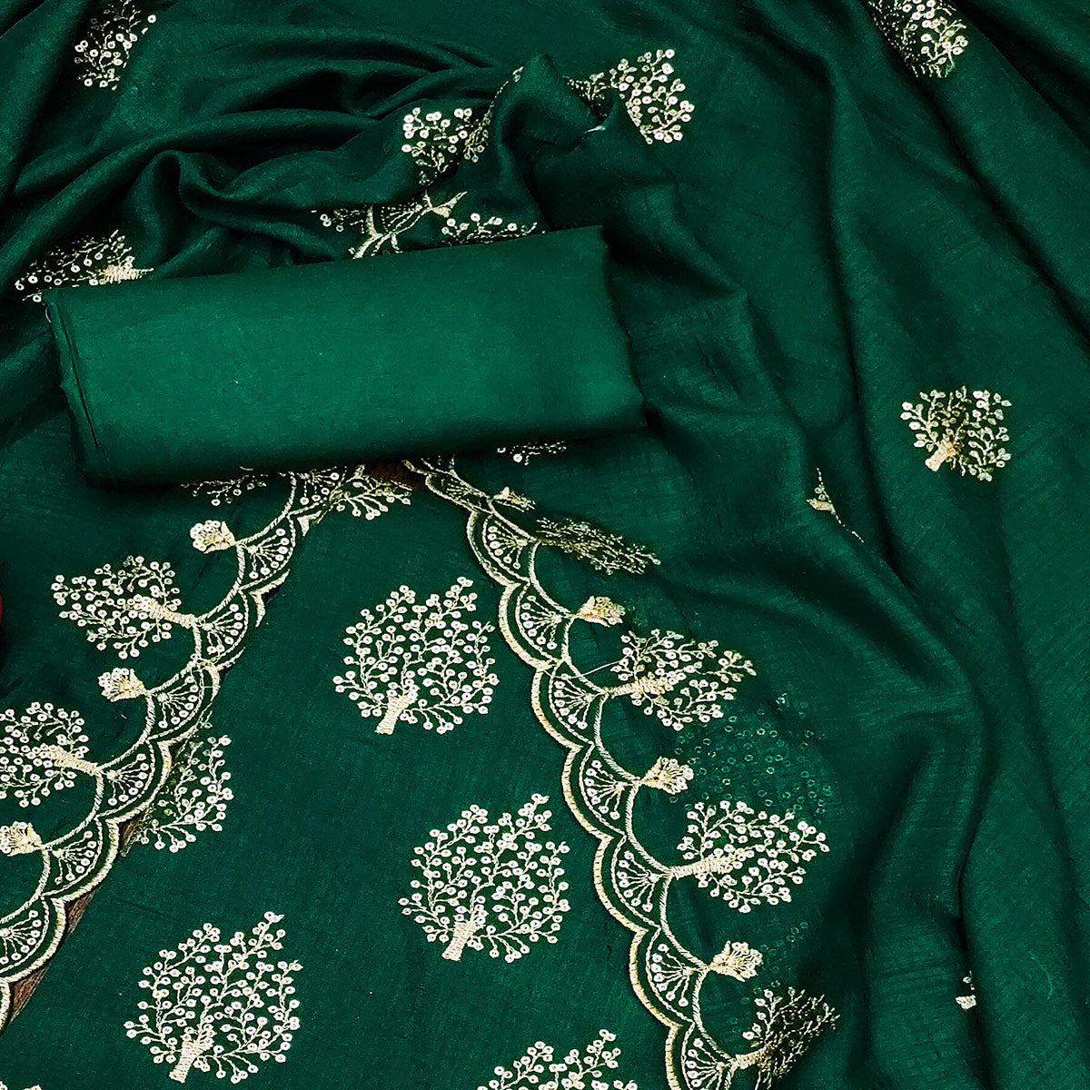 Green Sequins Embroidered Vichitra Silk Dress Material