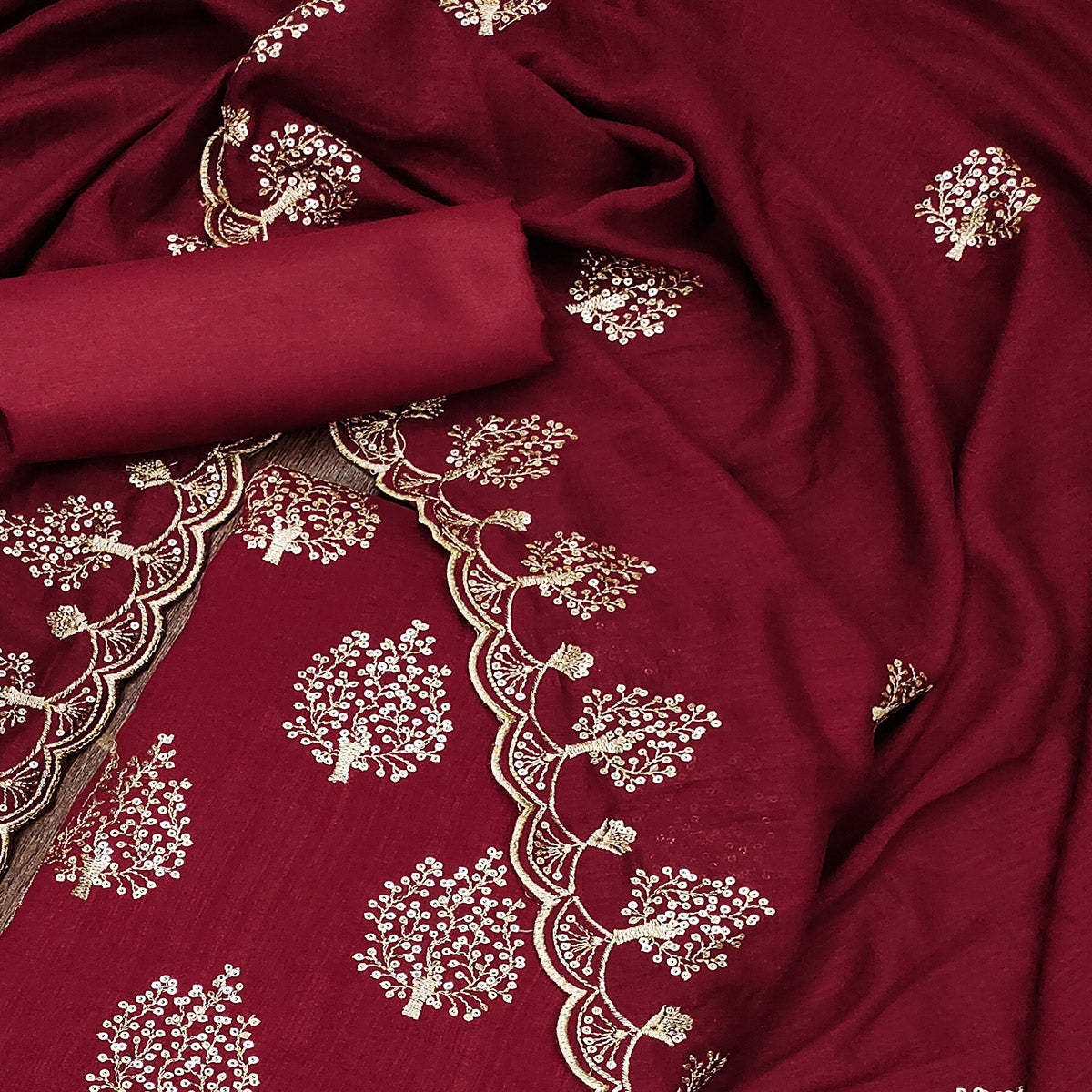 Maroon Sequins Embroidered Vichitra Silk Dress Material