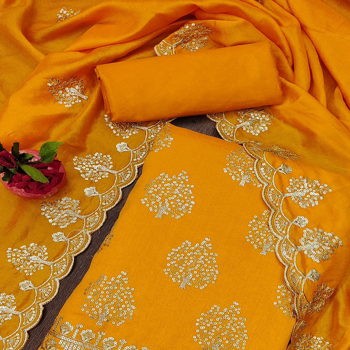 Mustard Sequins Embroidered Vichitra Silk Dress Material