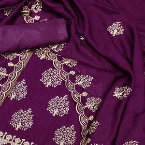 Purple Sequins Embroidered Vichitra Silk Dress Material
