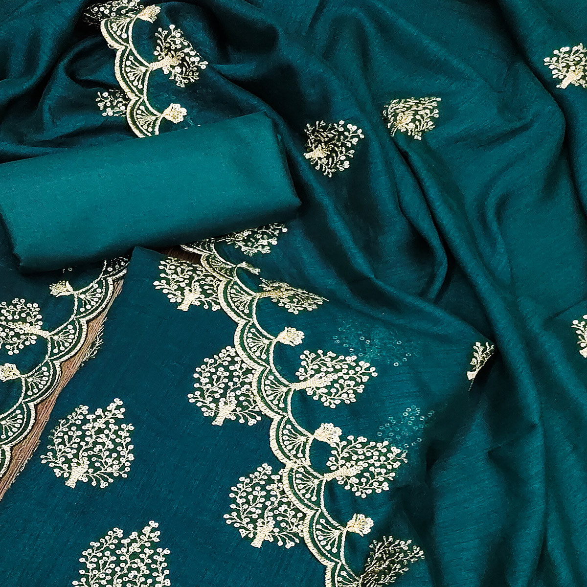 Teal Sequins Embroidered Vichitra Silk Dress Material