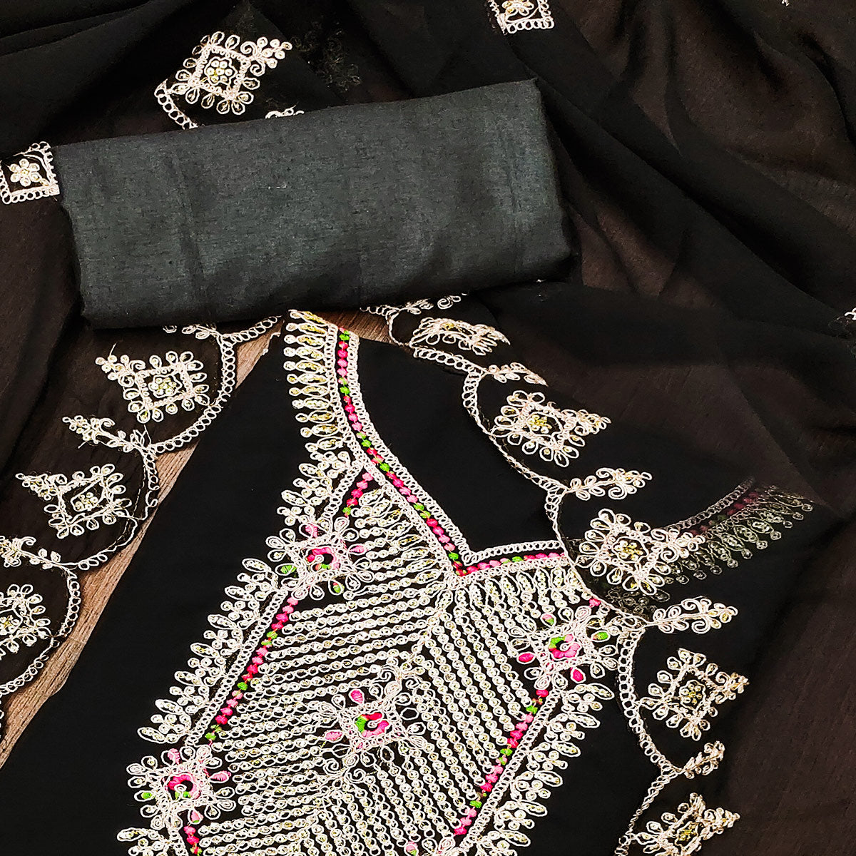 Black Sequins Embroidered Georgette Dress Material