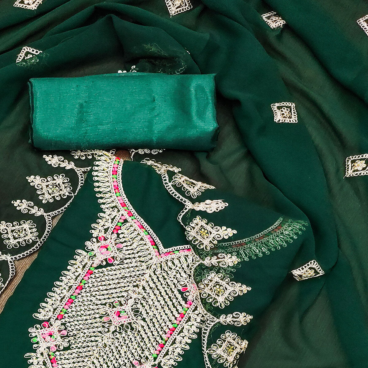 Green Sequins Embroidered Georgette Dress Material