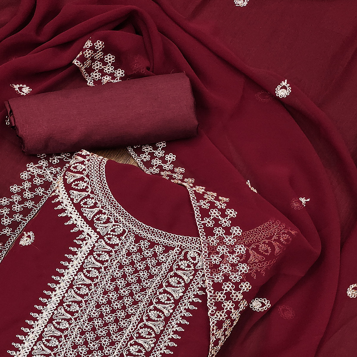 Maroon Embroidered Georgette Dress Material