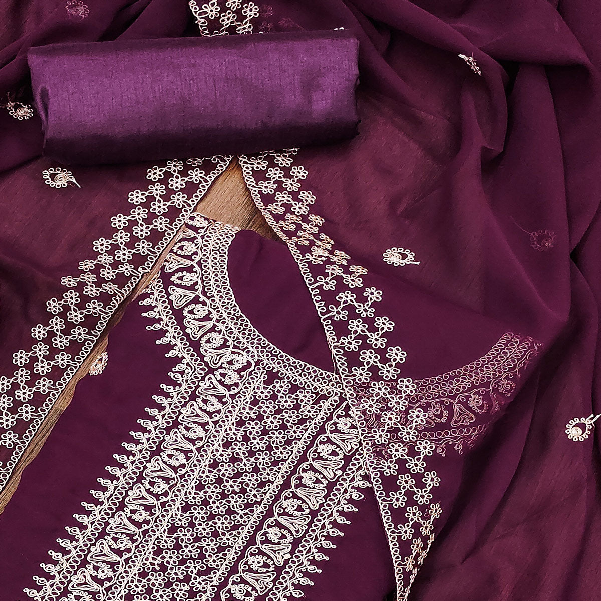 Purple Embroidered Georgette Dress Material