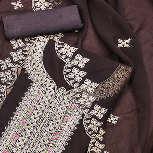 Brown Floral Embroidered Georgette Dress Material