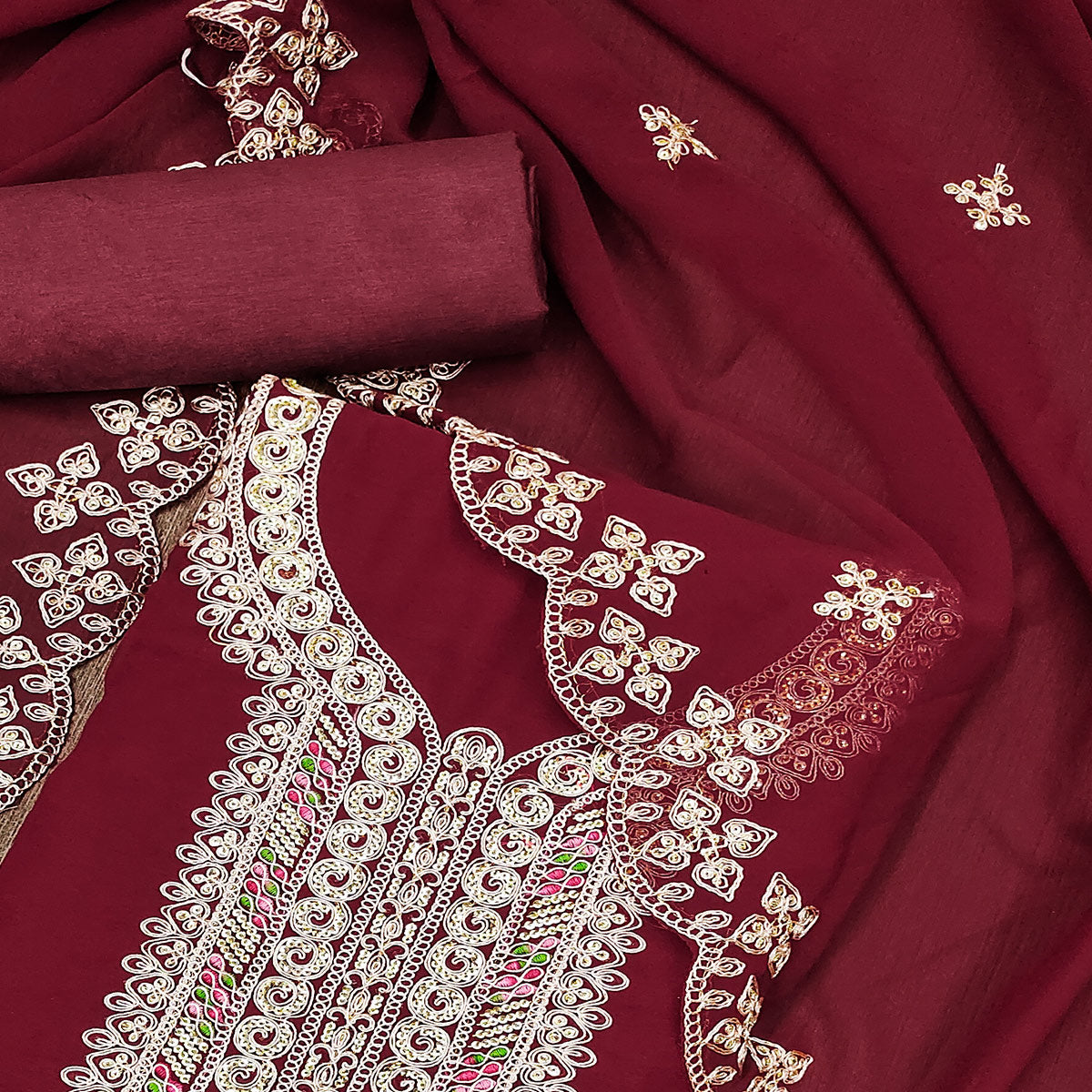 Maroon Floral Embroidered Georgette Dress Material