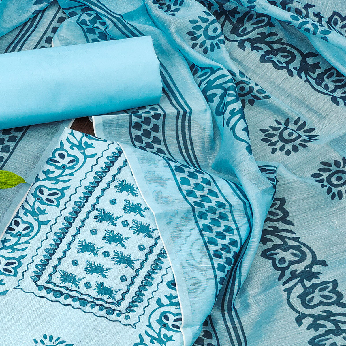 Blue Floral Printed Cotton Blend Dress Material