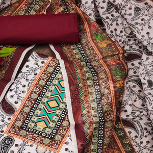 Maroon Floral Printed Cotton Blend Dress Material