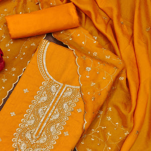 Mustard Floral Embroidered Vichitra Silk Dress Material