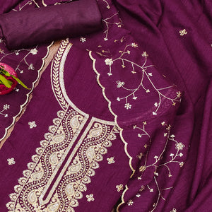 Purple Floral Embroidered Vichitra Silk Dress Material