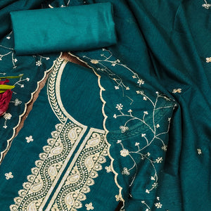 Teal Floral Embroidered Vichitra Silk Dress Material