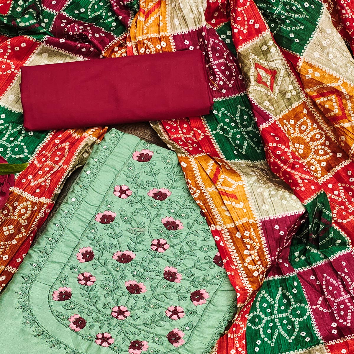 Green Floral Embroidered Cotton Blend Dress Material